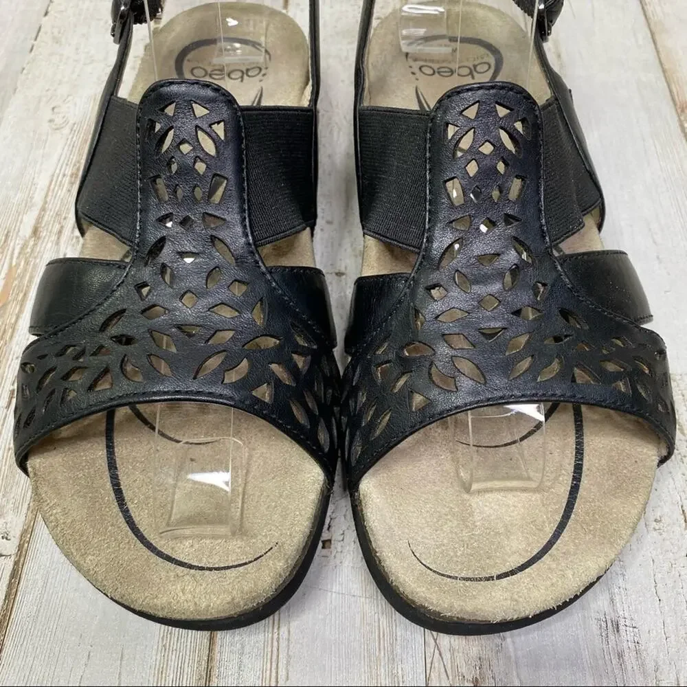 Abeo Bria Leather Sandals Women's Size 6 Black Laser Cut Back Strap - Picture 3 of 10